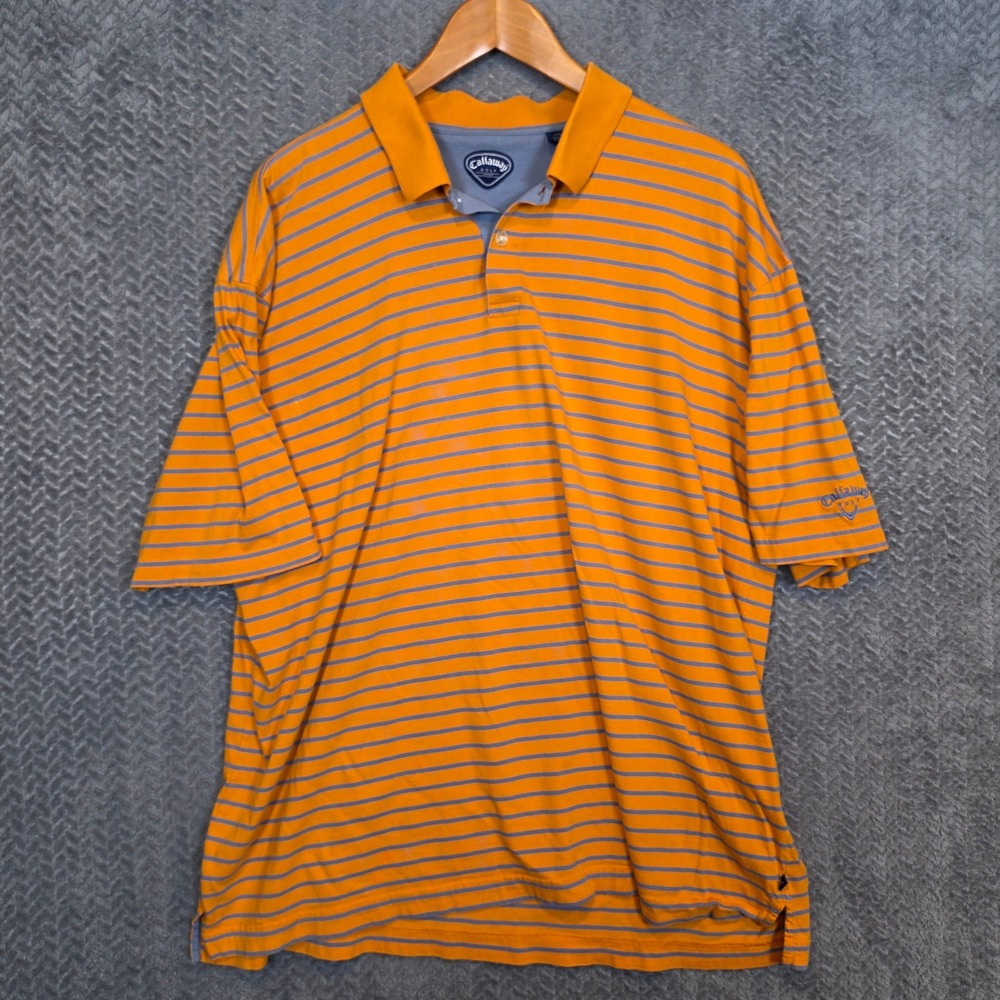 Callaway Golf Sport Mens XXL Orange Blue Striped Cotton Polo Shirt Short Sleeve